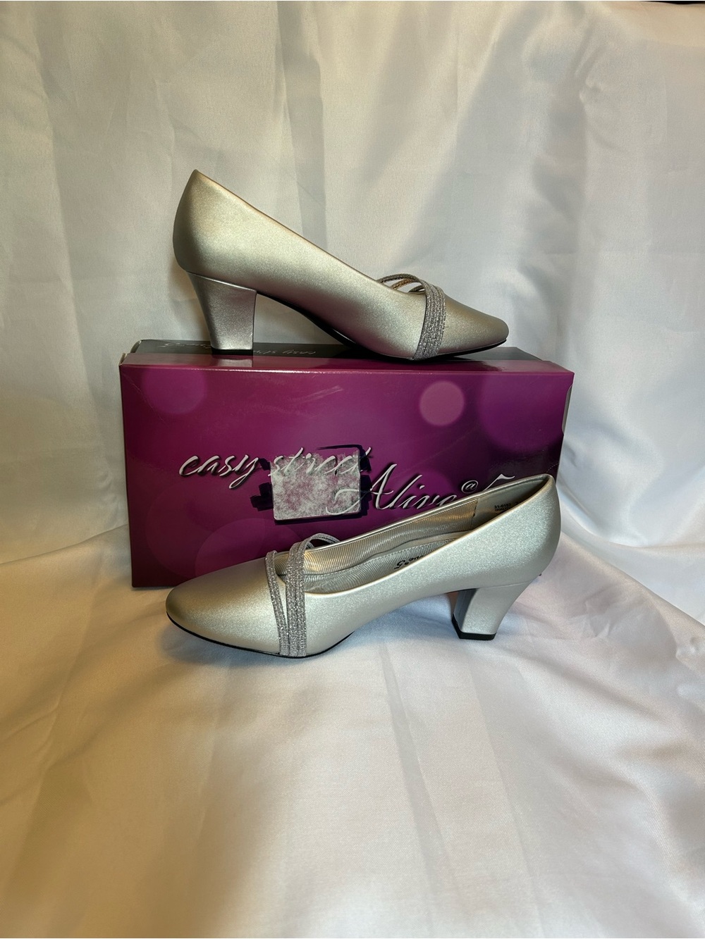 easy street Silver Low Block Heel Pumps with Decorative Strap